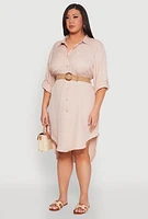 Womens Plus Size High Low Shirt Dress, Beige, Size 3X