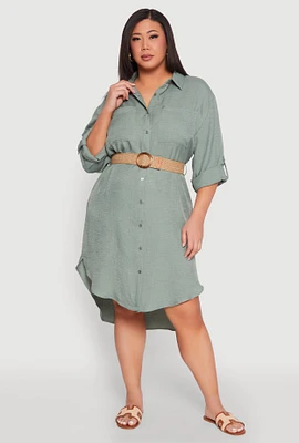 Womens Plus Size High Low Shirt Dress, Green, Size 1X