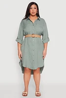 Womens Plus Size High Low Shirt Dress, Green, Size 1X