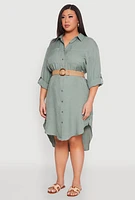 Womens Plus Size High Low Shirt Dress, Green, Size 1X
