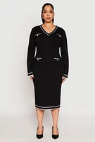 Womens Plus Size Daisy Contrast Trim Sweater Dress, Black, Size 1X