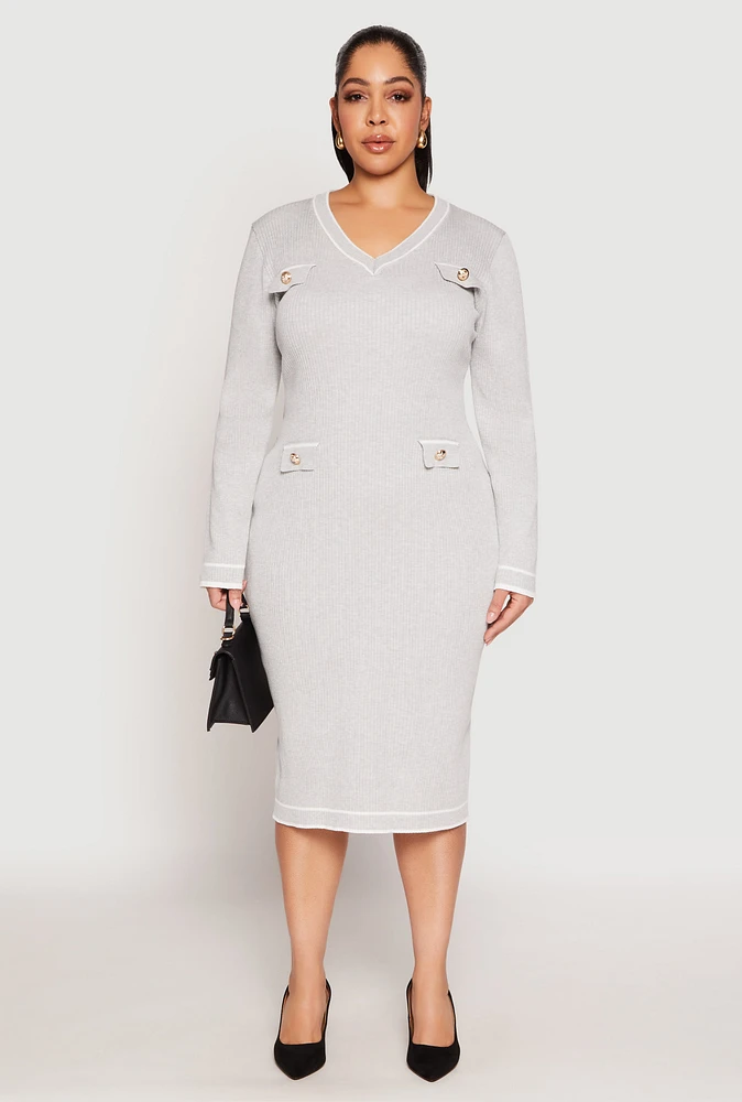 Womens Plus Size Daisy Contrast Trim Sweater Dress, Grey, Size 2X