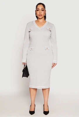 Womens Plus Size Daisy Contrast Trim Sweater Dress, Grey, Size 2X