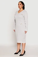 Womens Plus Size Daisy Contrast Trim Sweater Dress, Grey, Size 2X