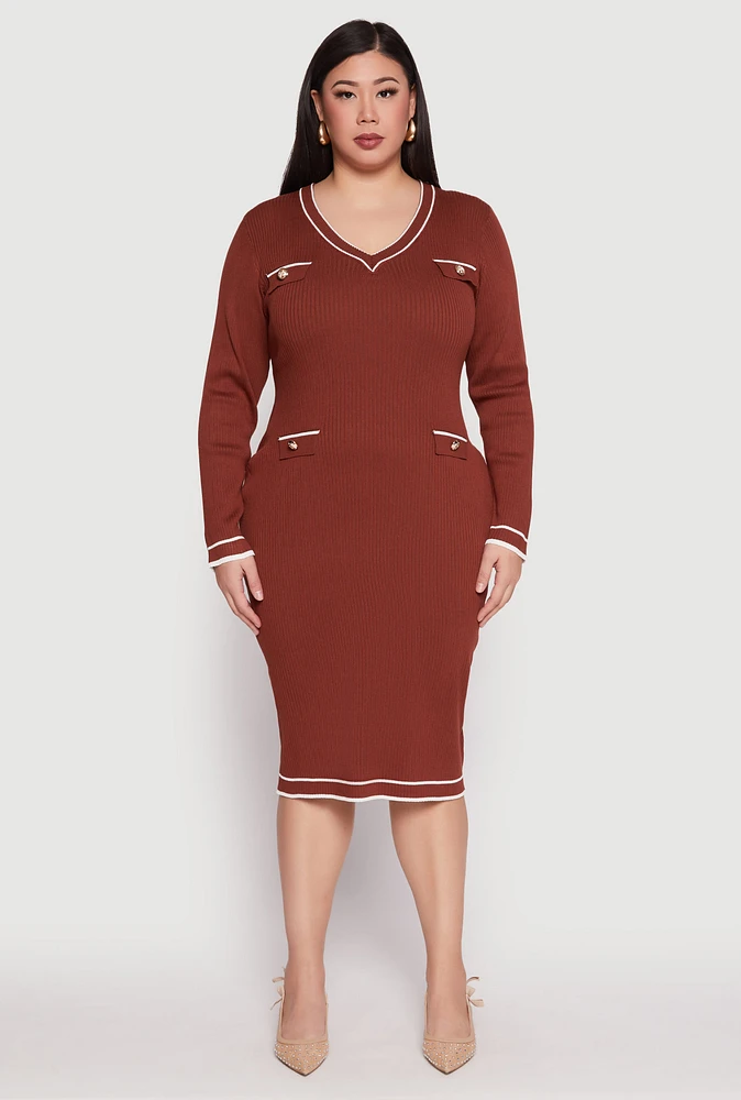 Womens Plus Daisy Contrast Trim Sweater Dress, Brown,