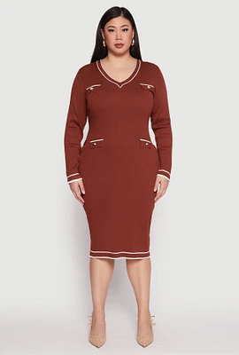 Womens Plus Daisy Contrast Trim Sweater Dress, Brown,