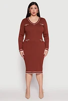 Womens Plus Size Daisy Contrast Trim Sweater Dress, Brown, Size 3X