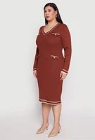 Womens Plus Daisy Contrast Trim Sweater Dress, Brown,
