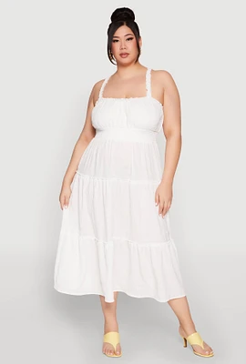 Womens Plus Size Almost Famous Smocked Tiered Dress, White, Size 2X