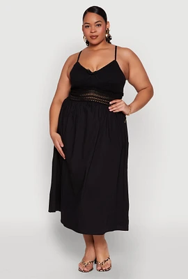 Womens Plus Size Almost Famous Crochet Empire Waist Midi Dress, Black, Size 1X