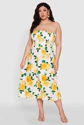 Womens Plus Size Almost Famous Floral Print Smocked Midi Dress, Multi, Size 2X
