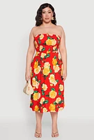 Womens Plus Size Almost Famous Floral Print Smocked Midi Dress, Red, Size 2X