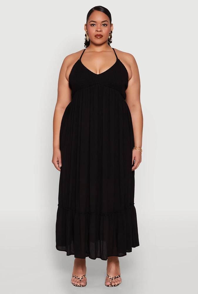 Womens Plus Size Almost Famous Smocked Tiered Maxi Dress, Black, Size 1X