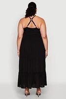 Womens Plus Size Almost Famous Smocked Tiered Maxi Dress, Black, Size 1X