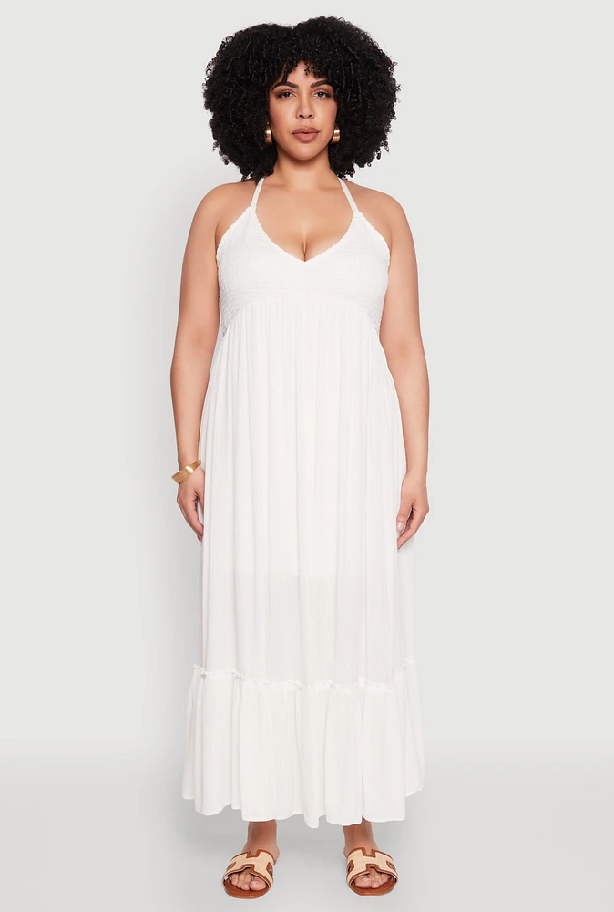 Womens Plus Size Almost Famous Smocked Tiered Maxi Dress, White, Size 3X