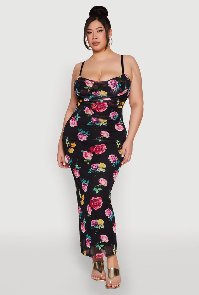 Womens Plus Almost Famous Mesh Cowl Neck Maxi Dress, Black,