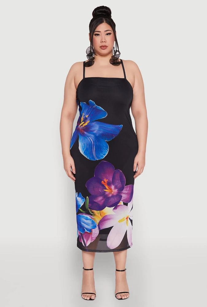 Womens Plus Size Mesh Floral Print Midi Dress, Multi, Size 3X