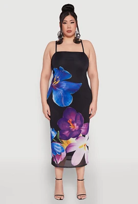 Womens Plus Size Mesh Floral Print Midi Dress, Multi, Size 3X
