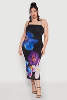 Womens Plus Size Mesh Floral Print Midi Dress, Multi, Size 3X