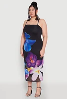 Womens Plus Size Mesh Floral Print Midi Dress, Multi, Size 3X