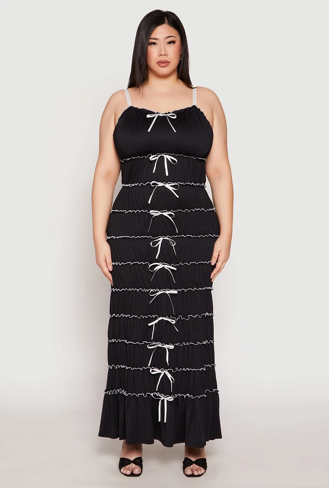 Womens Plus Size Almost Famous Bow Tiered Maxi Dress, Black, Size 2X