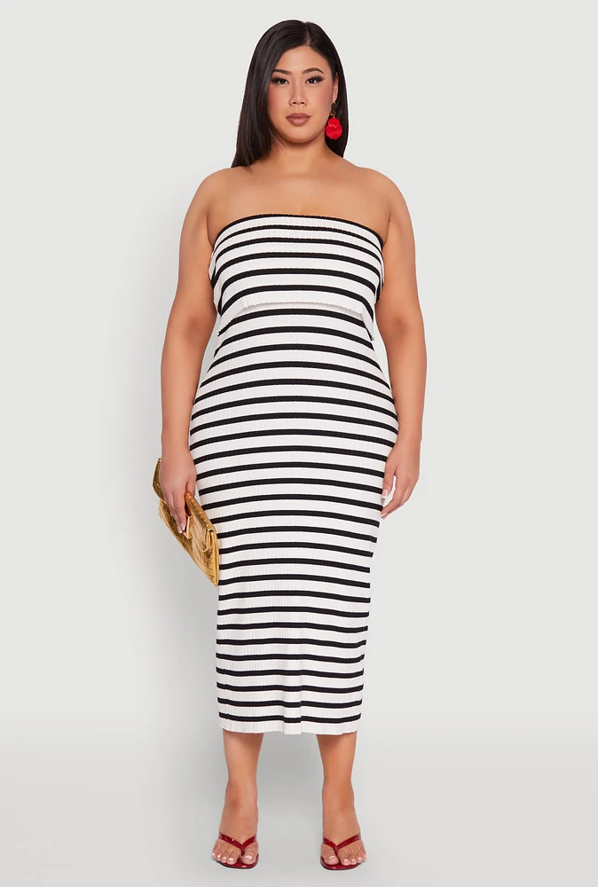 Womens Plus Size Striped Rib Knit Overlay Sweater Dress, Multi, Size 1X