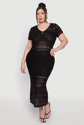 Womens Plus Size Almost Famous Short Sleeve Pointelle Maxi Dress, Black, Size 3X