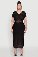 Womens Plus Size Almost Famous Short Sleeve Pointelle Maxi Dress, Black, Size 3X