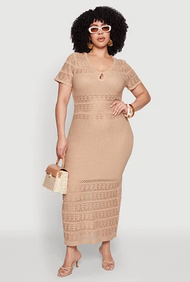 Womens Plus Size Almost Famous Short Sleeve Pointelle Maxi Dress, Beige, Size 3X