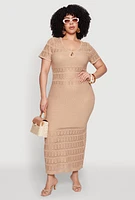 Womens Plus Size Almost Famous Short Sleeve Pointelle Maxi Dress, Beige, Size 3X