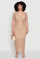Womens Plus Size Almost Famous Short Sleeve Pointelle Maxi Dress, Beige, Size 3X