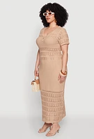 Womens Plus Size Almost Famous Short Sleeve Pointelle Maxi Dress, Beige, Size 3X