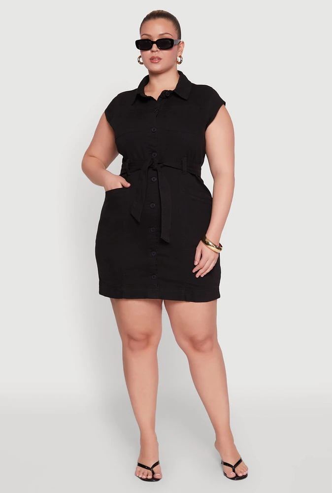 Womens Plus Size Denim Cargo Pocket Shirt Dress, Black, Size 2X