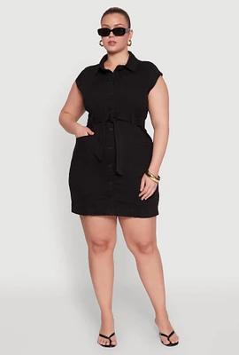 Womens Plus Size Denim Cargo Pocket Shirt Dress, Black, Size 2X