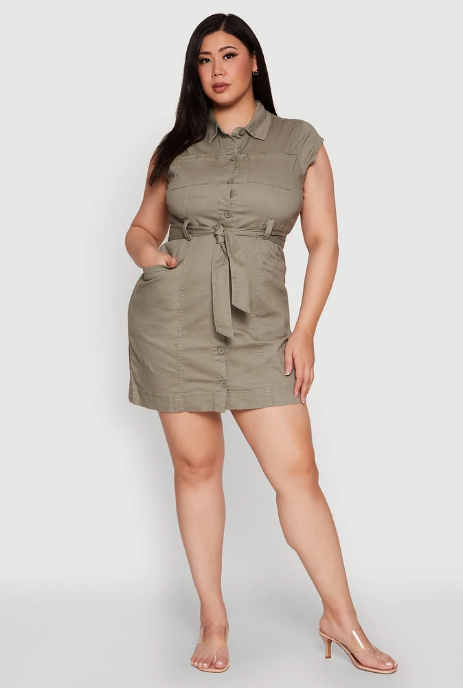 Womens Plus Size Denim Cargo Pocket Shirt Dress, Green, Size 2X