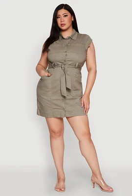 Womens Plus Size Denim Cargo Pocket Shirt Dress, Green, Size 2X