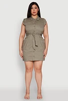 Womens Plus Size Denim Cargo Pocket Shirt Dress, Green, Size 2X