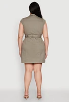 Womens Plus Size Denim Cargo Pocket Shirt Dress, Green, Size 2X
