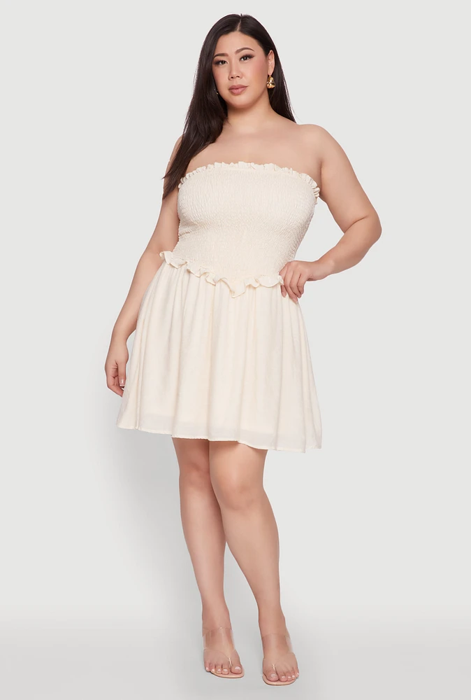 Womens Plus Gauze Knit Smocked Mini Dress, White,