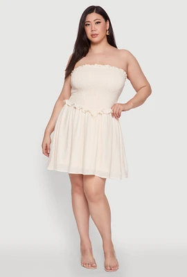 Womens Plus Gauze Knit Smocked Mini Dress, White,