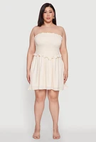 Womens Plus Gauze Knit Smocked Mini Dress, White,