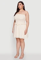 Womens Plus Gauze Knit Smocked Mini Dress, White,