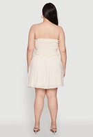Womens Plus Gauze Knit Smocked Mini Dress, White,