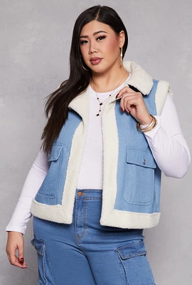 Womens Plus Size Spoon Jeans Sherpa Lined Denim Vest, Blue, Size 2X