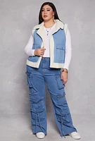 Womens Plus Size Spoon Jeans Sherpa Lined Denim Vest, Blue, Size 2X