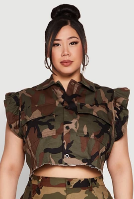 Womens Plus Size Flutter Sleeve Camo Cropped Jacket, Green, Size 3X