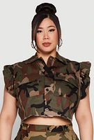 Womens Plus Size Flutter Sleeve Camo Cropped Jacket, Green, Size 3X