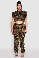 Womens Plus Size Flutter Sleeve Camo Cropped Jacket, Green, Size 3X