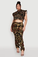 Womens Plus Size Flutter Sleeve Camo Cropped Jacket, Green, Size 3X