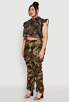Womens Plus Size Flutter Sleeve Camo Cropped Jacket, Green, Size 3X